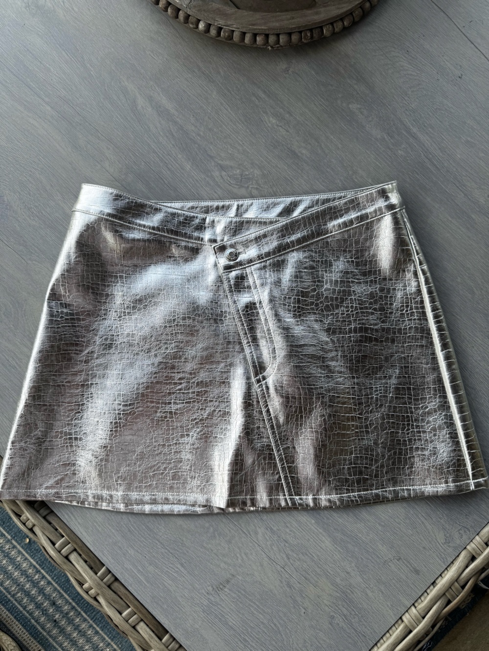 Torn by Ronny Kobo Metallic Silver Croc-Embossed Asymmetrical Mini Skirt